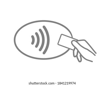 Icon pay. Contactless payment logo. Tap of card for cashless. Symbol of nfc. Wave pass to terminal from card in hand. Wireless reader on pos terminal. Chip in credit card for paypass. Vector.