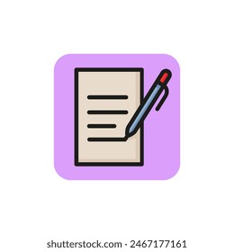 Icon of pen and document. Filling document, checklist, essay. Correspondence concept. Can be used for topics like education, business, deal