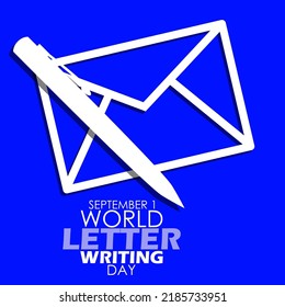 Icon of a pen with a envelope and bold text on blue background, World Letter Writing Day September 1
