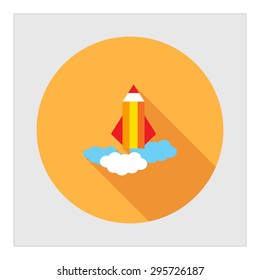 Icon of pencil rocket being launched and flying in sky