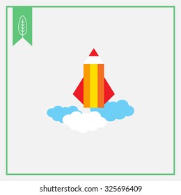 Icon of pencil rocket being launched and flying in sky