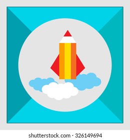 Icon of pencil rocket being launched and flying in sky