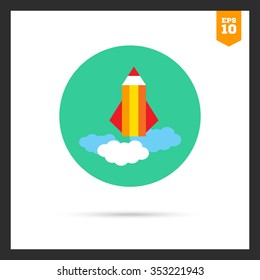 Icon of pencil rocket being launched and flying in sky