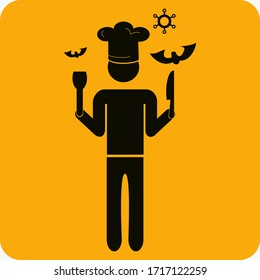
icon of people carrying cooking utensils, viruses and bats. illustration of cooking animals containing viruses. covid-19 theme icon.