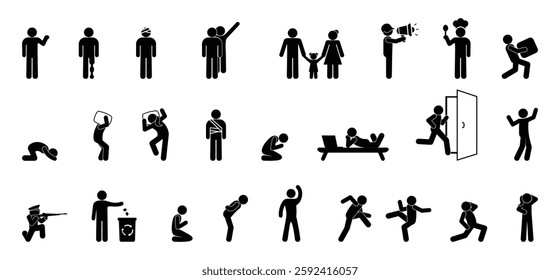 icon people in different situations, set of human figures, stick figure person pictogram, man, woman and children