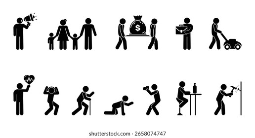 icon people in different situations, set of human figures, stick figure person pictogram, man, woman and children