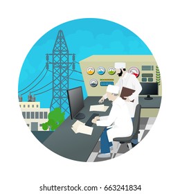 Icon People near the Control Panel on Power Station , High Voltage Power Lines, Vector Illustration 