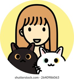 icon people pet-friendly, cat mom, kitten with owner, catery, pet room, woman with her pet, avatar, black and white cats