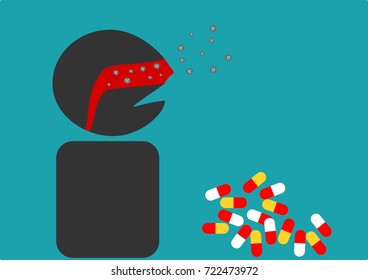 Icon people with respiratory track infection with antibiotic medication capsules