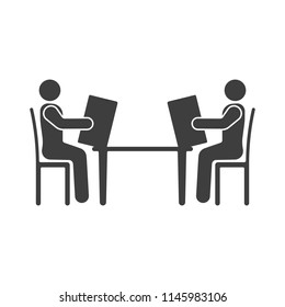Icon of people sitting at the table with a menu in hand. Vector illustration on white background