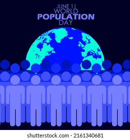 Icon of people standing tightly indicating population density with a globe behind it and bold texts on dark blue background, World Population Day July 11