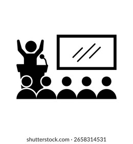 Icon of people teaching in front of a crowd black design