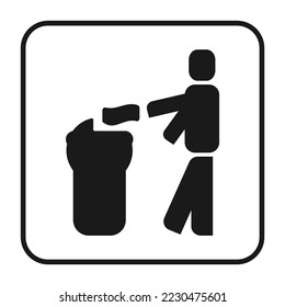 Icon of people throwing garbage in the trash or dustbin. Dispose symbol, trash sign, in trendy design style. Do not litter icon. Flat logo for snack product packaging label.
