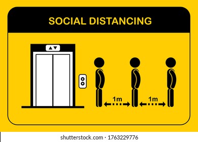 Icon People Waiting For Elevator Or Lift.Social Distancing When Go Back To Work After Corona Virus Covid 19 Spread Concept.Man And Women Keep Distance Queue 1 Meter.New Normal Sign Symbol Flat Vector.