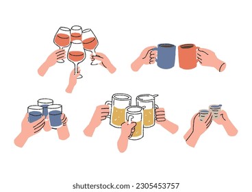 Icon of people's hands making a toast, comical hand-drawn characters, vector, line drawing and color