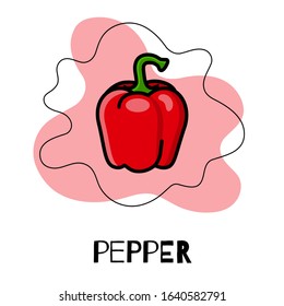 Icon of pepper, vegetables. Modern and bright illustration of a pepper in the flat style with text and graphic elements.