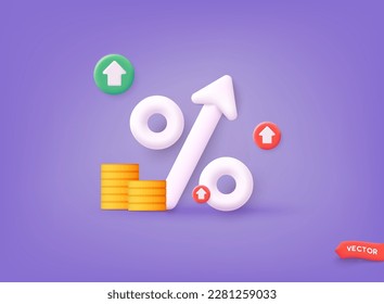 Icon percent with arrow. Market analysis, investment or interest rate. 3D Web Vector Illustrations.  3D Web Vector Illustrations.