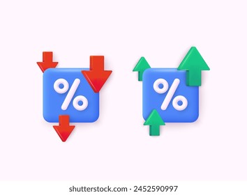 Icon percent with arrow. Market analysis, investment or interest rate. Interest low price 3d percent discount vector icon. Percentage with arrow up and down. 3D Web Vector Illustrations.