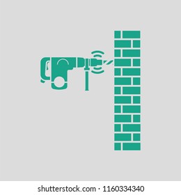 Icon of perforator drilling wall. Gray background with green. Vector illustration.