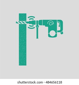 Icon of perforator drilling wall. Gray background with green. Vector illustration.
