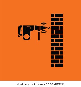Icon of perforator drilling wall. Orange background with black. Vector illustration.