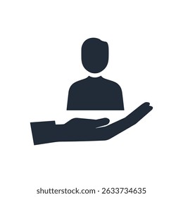 Icon of a person above an extended hand, symbolizing care, support, service, and human protection
