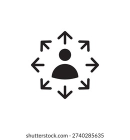 Icon of a person with arrows pointing outward representing market expansion and global audience targeting.