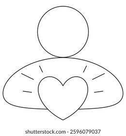 Icon of a person with a heart, symbolizing compassion, kindness, support, and empathy. Vector illustration with thin black lines on a transparent background. Editable stroke thickness