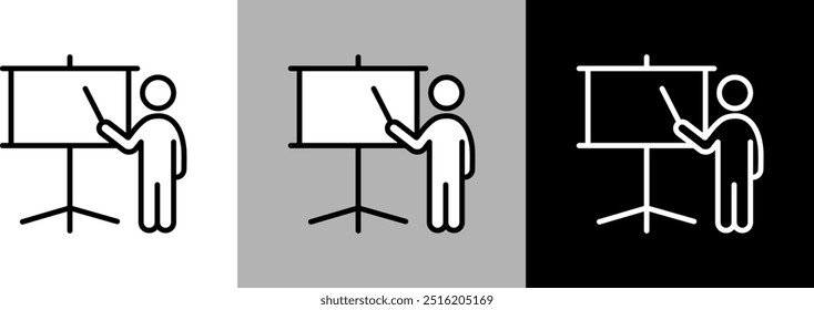 Icono de una persona que realiza un seminario utilizando una pantalla de proyector. Icono de Vector de dibujo de línea simple.