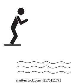 The icon of a person jumping from a springboard into the water, a pool with a diving board. Flat design style of a swimming pool icon with a diving board for web design, isolated on a white background