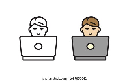 Icon of person at laptop. Concept of online learning. Vector illustration in flat style.