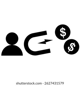 icon of person with magnet attracting money, flat style pictogram icon for ui or ux mobile app, vector illustration logo symbol design, isolated on white