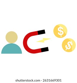 icon of person with magnet attracting money, flat style pictogram icon for ui or ux mobile app, vector illustration logo symbol design, isolated on white