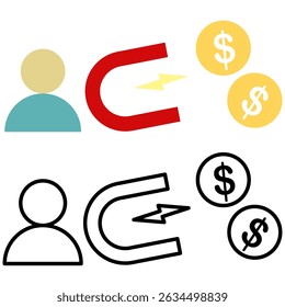 icon of person with magnet attracting money, flat style pictogram icon for ui or ux mobile app, vector illustration logo symbol design, isolated on white