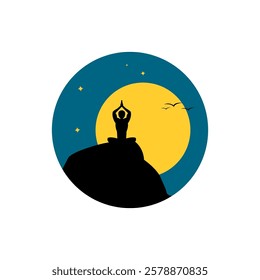 Icon of a person meditating at night. Yoga, meditation, alone, silhouette, stars, birds, relaxation, breathing, mudra, circle. Vector.