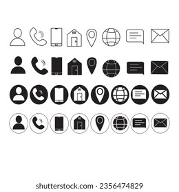 icon of person, mobile, phone, message, mail, location and website in vector format
