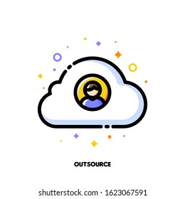 Icon of person photo and cloud for relocating a business or outsource concept. Flat filled outline style. Pixel perfect 64x64. Editable stroke