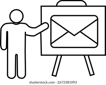icon of person presenting and icon of message with white background.with black lines