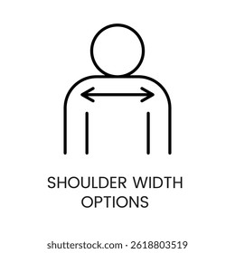 Icon of person with shoulder width arrows used for customized pillow fitting comfort measurement and ergonomic product design line icon in vector with editable stroke.