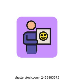 Icon of person showing paper with emoji. Anonym, lack of personality, social media. Online communication concept. Can be used for topics like presentation, internet, unreal emotion