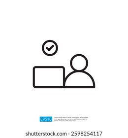 Icon of a Person Sitting at a Computer with a Checkmark Indicating Successful Task Completion in a Modern Digital Workspace