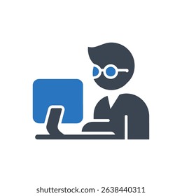 Icon of a person sitting at a desk working on a computer.