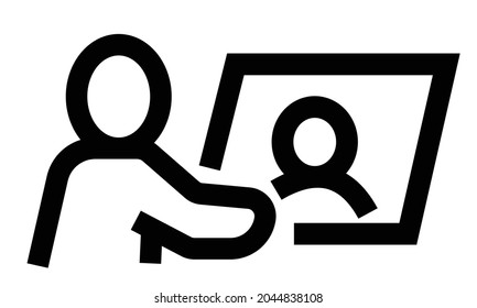 Icon of a person sitting with his hands in front of him with incomplete depiction looking at a laptop monitor screen, monoline drawing style, black and white color.