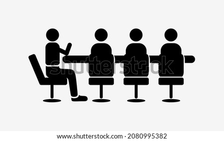 icon of a person sitting at a long table, black and white icon of a person. vector icon of a meeting or business. simple icon template