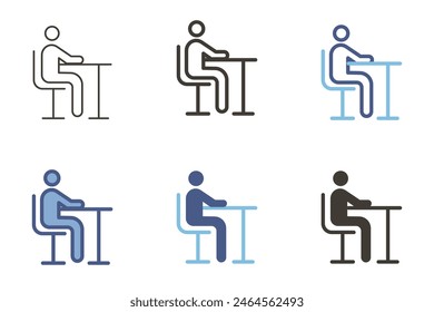 Icon of a person sitting at table working, studying, eating, relaxing, reading or paying attention in claassroom. Vector graphic elements