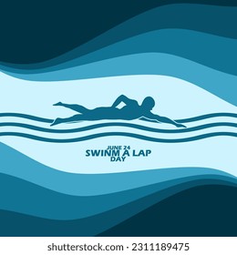 Icon of a person swimming with abstract water waves and bold text on light blue background to commemorate Swim a Lap Day on June 24