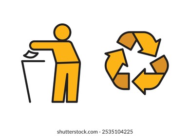 Das Symbol einer Person, die Müll neben einem gelben Recyclingsymbol in Form von Pfeilen wegwirft.