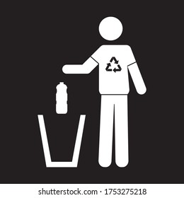 Icon of of a person throwing a plastic bottle in a trash can. Recycling concept