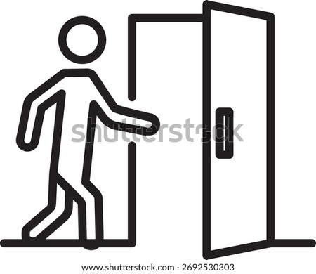 An icon of a person walking through an open door, symbolizing the concept of entering or leaving a room, opportunity, freedom, and access, symbol of an exit or path, black and white line vector.