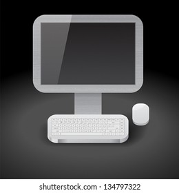 Icon for personal computer with black display. Dark background. Vector saved as eps-10, file contains objects with transparency.